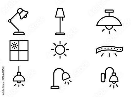 Home Office Lighting Icons. Outline icon set of Home office lighting: desk lamp, floor lamp, ceiling light,