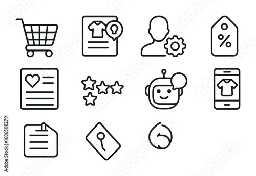 Personalized Shopping Icons. Outline icon set of Personalized shopping experiences: shopping cart, product