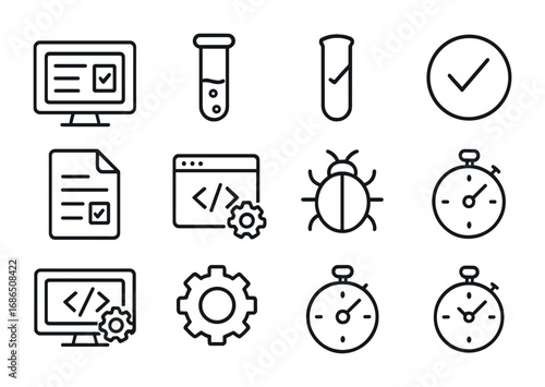 Software Testing Icons. Outline icon set of Software testing: unit test, test tube, checkmark, cross mark,