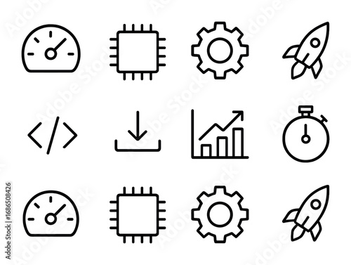 Code Optimization Icons. Outline icon set of Code optimization: speedometer, memory chip, gear, rocket, code
