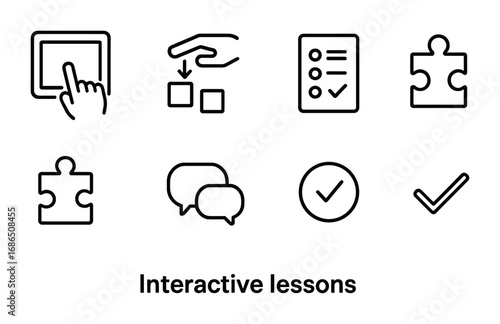 Interactive Learning Icons. Outline icon set of Interactive lessons: touchscreen, drag and drop, quiz, puzzle