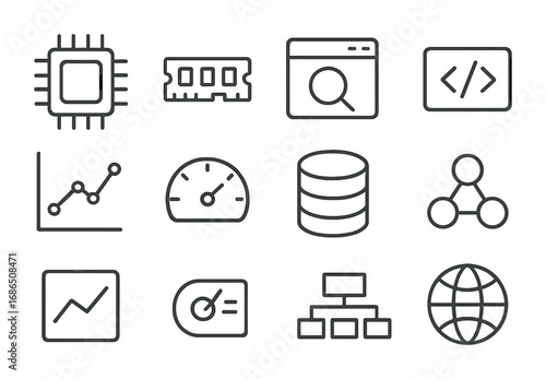 Software Metrics Icons. Outline icon set of Software performance metrics: CPU, memory, profiler, code snippet,