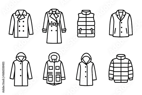 Cold-Weather Outerwear Icons. Outline icon set of Cold-weather outerwear: peacoat, trench coat, puffer vest,