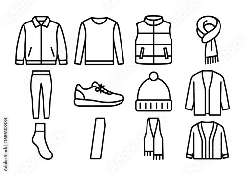 Autumn Wardrobe Icons. Outline icon set of Transitional autumn pieces: light jacket, long sleeve shirt, vest,