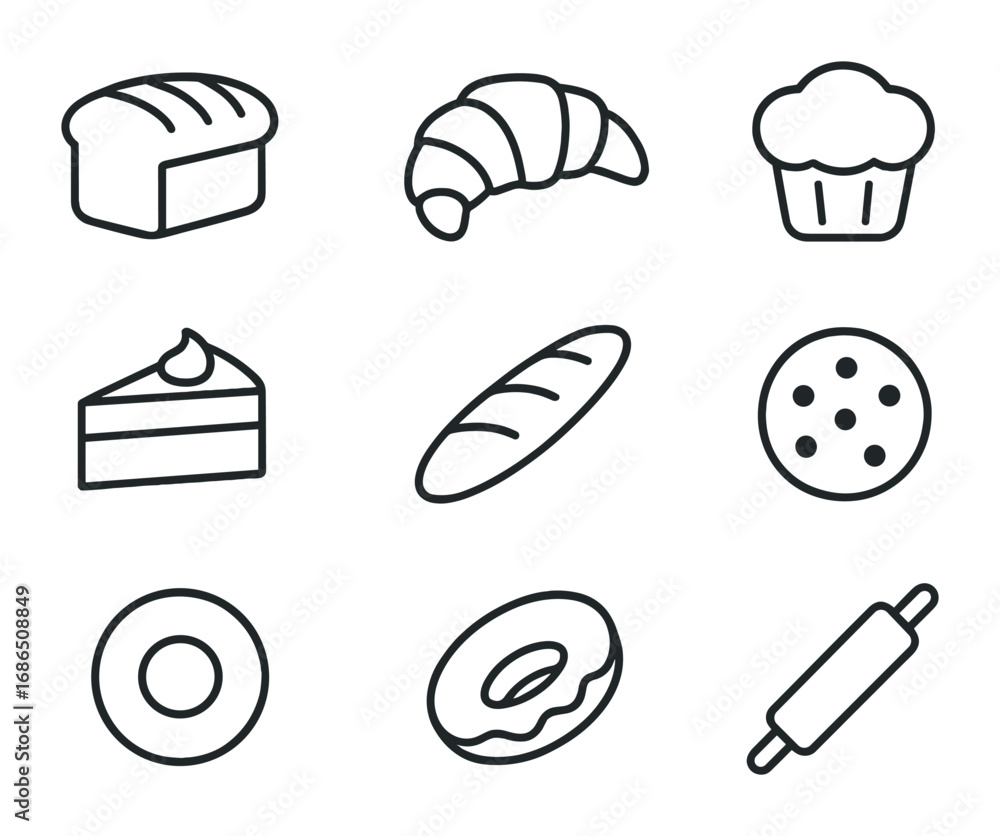 Bakery Icon Set. Outline icon set of bakery items: bread loaf, croissant, muffin, cake slice, baguette, cookie Bakery Icon Set. Outline icon set of bakery items: bread loaf, croissant, muffin, cake slice, baguette, cookie