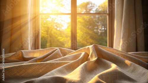 Warm golden sunlight streams through a window illuminating a rumpled bed with soft curtains creating a peaceful morning atmosphere
