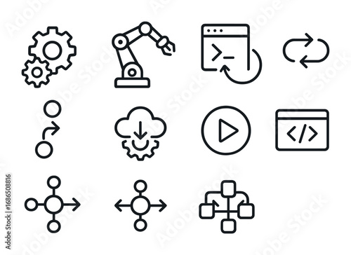 Automation Tools Icons. Outline icon set of automation tools: gear system, robot arm, CI/CD script, workflow