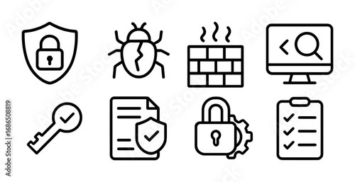 DevOps Security Icons. Outline icon set of security in DevOps: shield lock, vulnerability bug, firewall, code