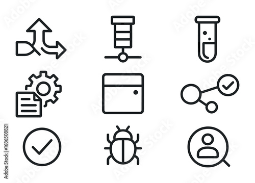 Continuous Integration Icons. Outline icon set of continuous integration: code merge, build server, test tube,