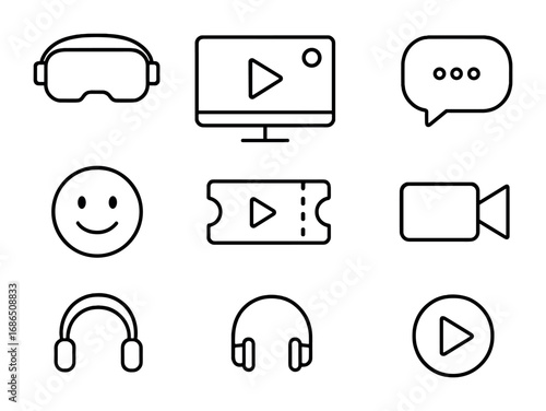 Virtual Spectator Icons. Outline icon set of virtual spectator experiences: VR headset, live stream screen,