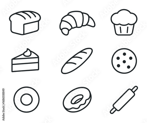 Bakery Icon Set. Outline icon set of bakery items: bread loaf, croissant, muffin, cake slice, baguette, cookie