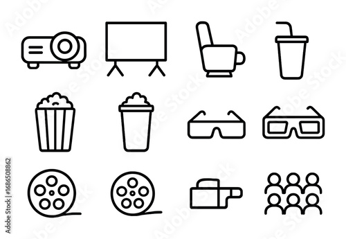 Big Screen Icon Set. Outline icon set of big screen viewing: projector, giant LED screen, recliner seat,