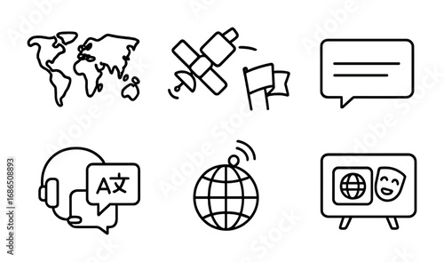 International TV Icons. Outline icon set of international television: world map, satellite, multiple flags,