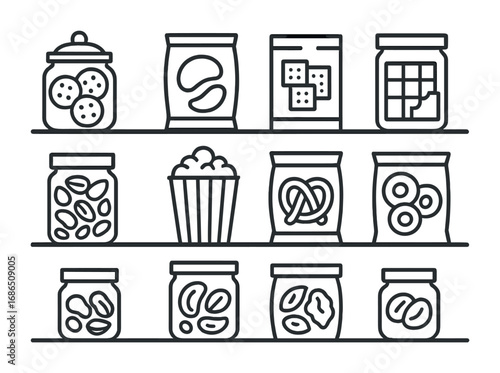 Snack Icon Collection. Outline icon set of snacks on pantry shelf: cookie jar, potato chips bag, cracker box,