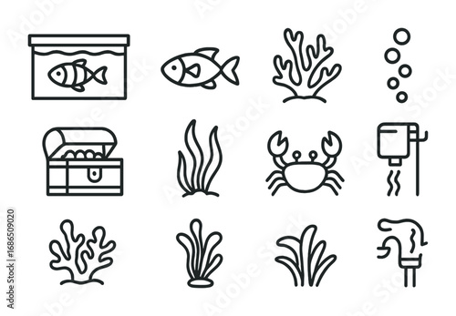 Virtual Aquarium Icons. Outline icon set of virtual aquariums: fish tank, colorful fish, coral reef, bubble
