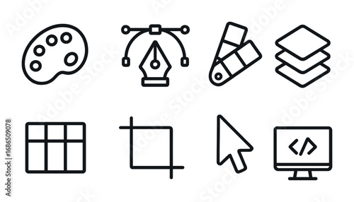Visual Design Icon Set. Outline icon set of visual design: paint palette, vector pen tool, color swatch,
