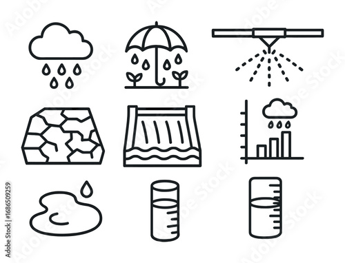 Rainfall Patterns Icons. Outline icon set of changing rainfall patterns: raincloud, umbrella over crops,