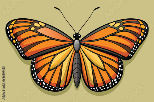 A detailed, cartoon-style illustration of a monarch butterfly, showcasing its intricate wing patterns in orange, black, and hints of yellow.