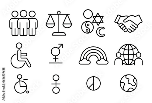 Diversity Icon Set. Outline icon set of diversity and inclusion ethics: group of people, equality scale,