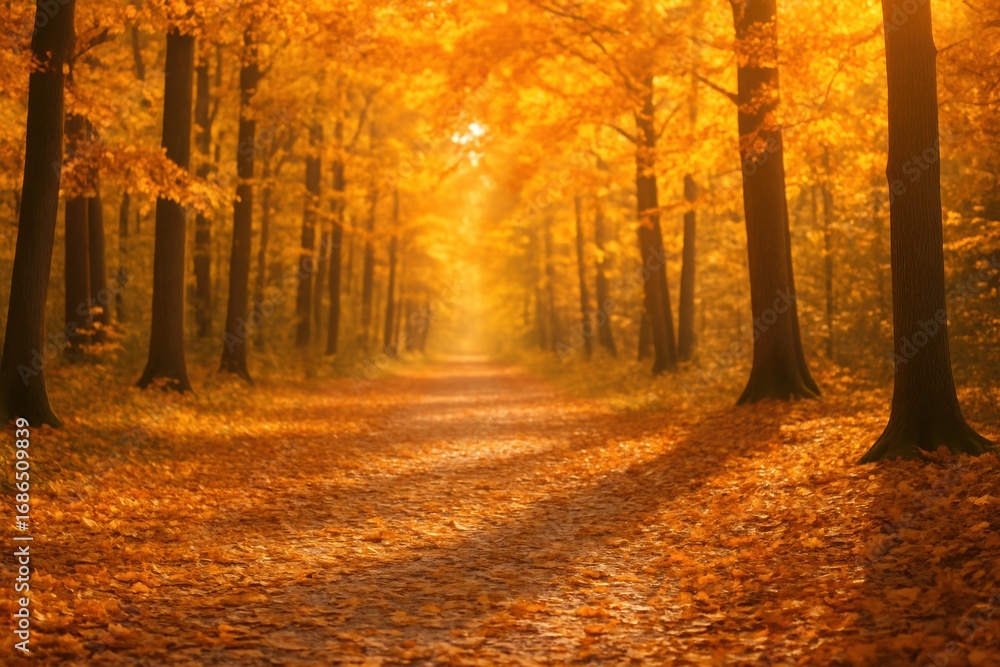 Obraz premium Autumn shop online. Serene autumn forest path surrounded by vibrant orange foliage and a soft, glowing light.