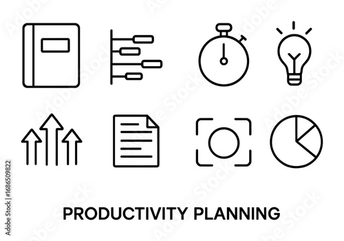 Productivity Icon Set. Outline icon set of productivity planning: planner book, timeline chart, stopwatch,