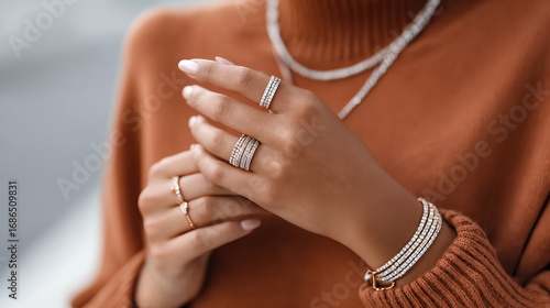 Anonymous influencer woman showcases stylish jewelry in cozy outfit during fall season