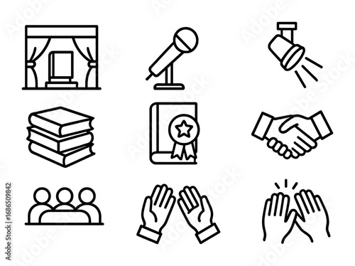 Book Award Icons. Outline icon set of book prize ceremonies: stage, microphone, spotlight, book stack, award