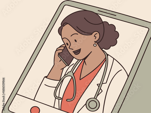 Friendly female doctor providing online medical consultation and advice via smartphone screen