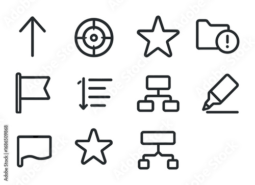 Task Prioritization Icons. Outline icon set of prioritizing tasks: upward arrow, target icon, star symbol,