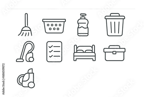 Household Chore Icons. Outline icon set of organizing household chores: broom, laundry basket, dish soap