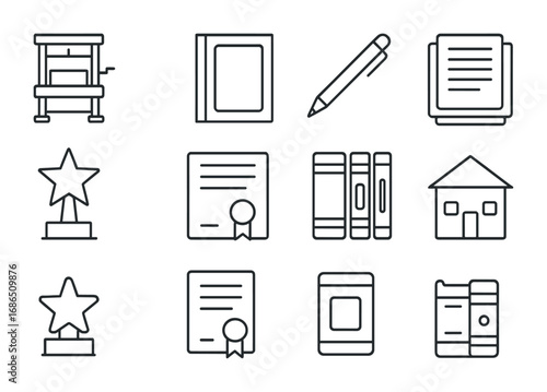 Publishing Icons Collection. Outline icon set of publishing excellence: printing press, cover design, editor