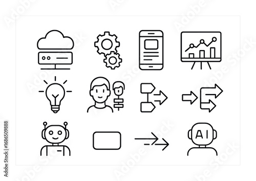 Digital Transformation Icons. Outline icon set of digital transformation with AI: cloud server, gears, mobile