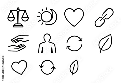 Symbolic Balance Icons. Outline icon set of balance between good and bad deeds: scales of justice, sun and