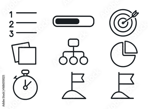 Task Icon Grid. Outline icon set of task prioritization: numbered list, progress bar, target icon, pie chart,
