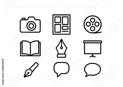 Storytelling Icons Grid. Outline icon set of visual storytelling for change: camera, storyboard, comic strip,