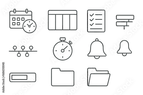 Task Management Icons. Outline icon set of task scheduling: calendar clock, weekly planner, checklist,