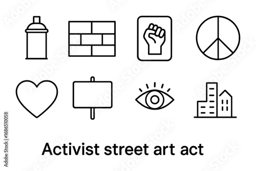 Activist Icon Set. Outline icon set of activist street art: spray can, graffiti wall, stencil, peace symbol,