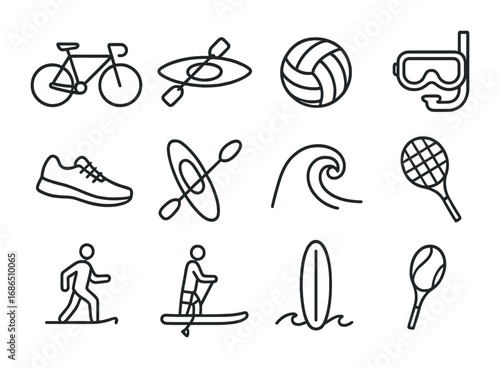 Active Holidays Icons. Outline icon set of active summer holidays: bicycle, kayak, volleyball, snorkel mask,
