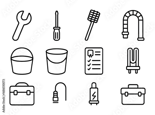 Water Heater Maintenance Icons. Outline icon set of water heater maintenance: wrench, screwdriver, cleaning