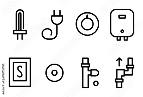 Electric Water Heater Icons. Outline icon set of electric water heater: heating coil, power cable, thermostat