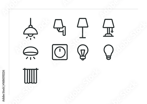 Bedroom Lighting Icons. Outline icon set of bedroom lighting: pendant lamp, wall sconce, floor lamp, bedside