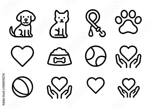 Pet Care Icons. Outline icon set of pet routines with love: dog, cat, leash, paw print, food bowl, heart icon,