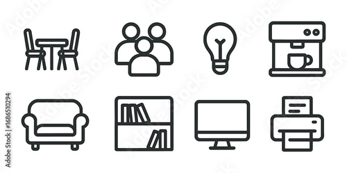 Coworking Space Icons. Outline icon set of coworking spaces: shared table, group of people, light bulb, coffee