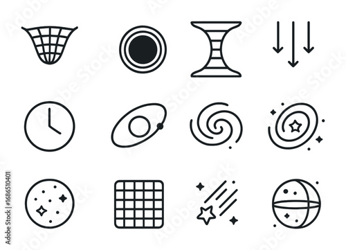 Space-Time Icon Set. Outline icon set of space-time concepts: curved grid, black hole, wormhole, gravity