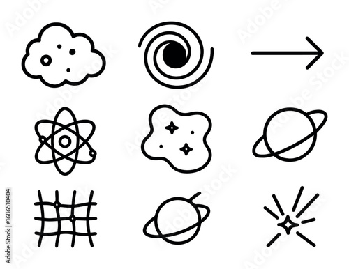 Universe Icons Grid. Outline icon set of the origin of the universe: cosmic cloud, black hole, timeline arrow,