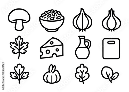 Vegetarian Risotto Icons. Outline icon set of vegetarian risotto: mushroom, rice bowl, onion, garlic, parsley