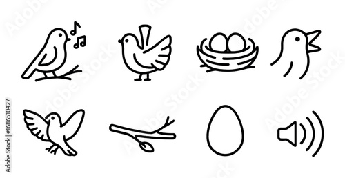 Bird Communication Icons. Outline icon set of bird communication: singing bird, feather display, nest, beak