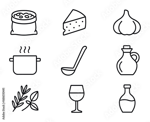 Risotto Essentials Icons. Outline icon set of Italian risotto essentials: Arborio rice, Parmesan cheese,