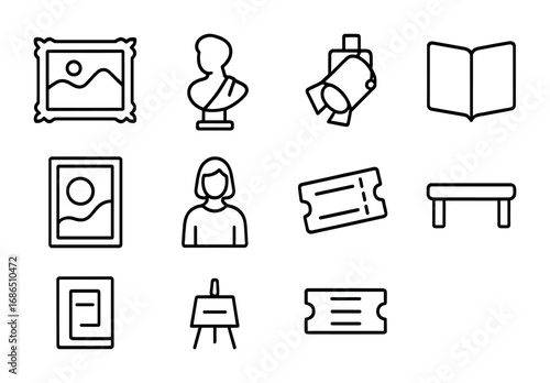 Art Gallery Icons. Outline icon set of art gallery visit: framed painting, sculpture bust, spotlight,