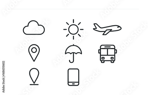 Weather and Travel Icons. Outline icon set of weather and travel apps: cloud, raindrop, sun, plane, map pin,